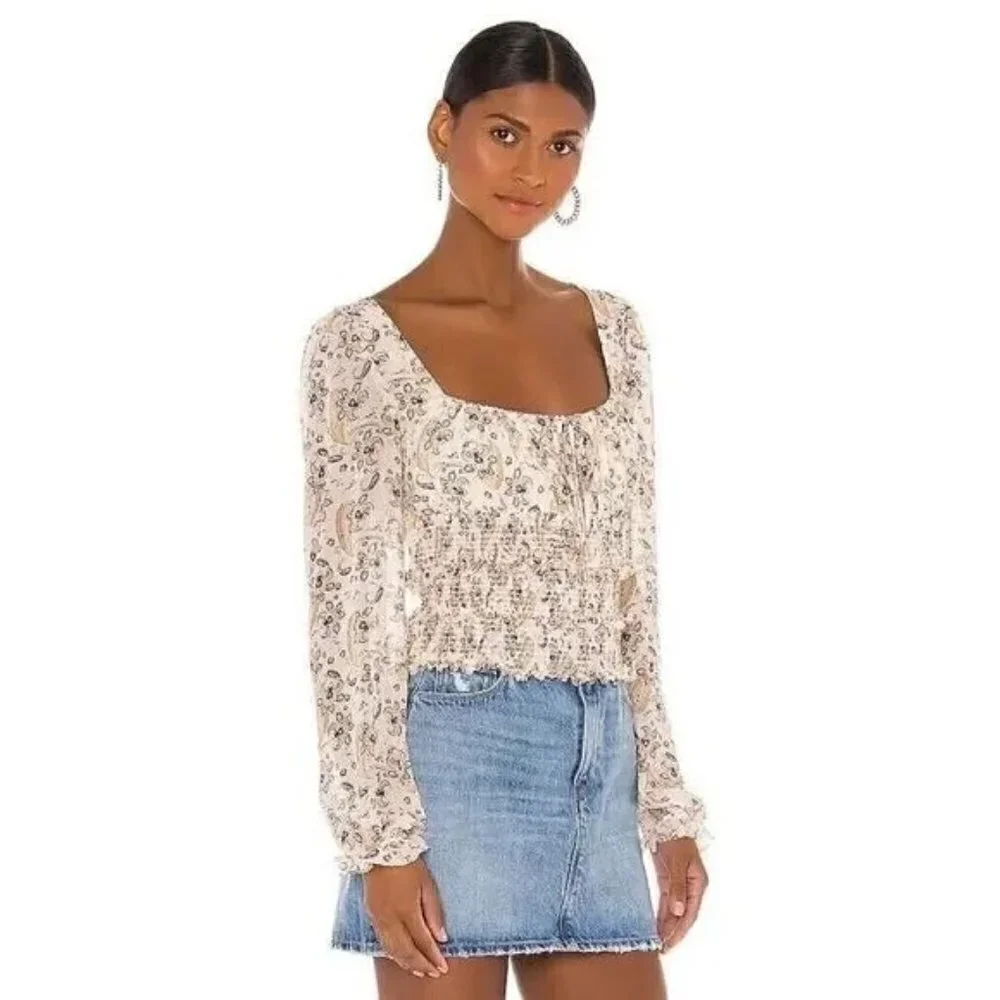 FREE PEOPLE Lolita Floral Square Neck Cropped Blouse - Size Medium